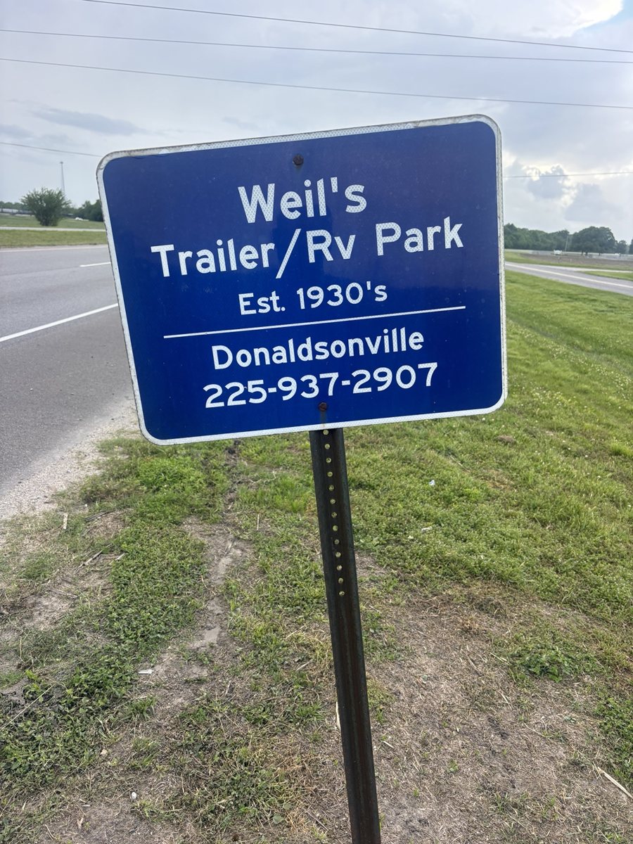 Weil's Trailer RV Park sign in Donaldsonville, Louisiana